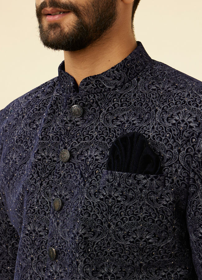 alt message - Manyavar Men Deep Blue and Grey Imperial Patterned Indo Western Set image number 1